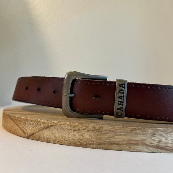 Brown Genuine Leather CANADA Embellished Silver Tip Belt Unisex Size Large - Picture 8 of 9